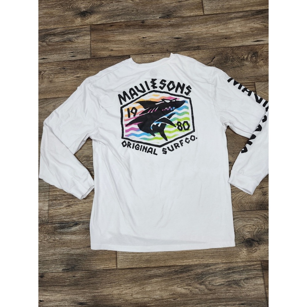 Maui & Sons Long Sleeve Mens X Large Whit Tee Shirt Boardriding Co Logo Surf Top